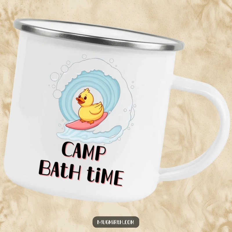 Funny surfing rubber duck camping mug with a duck riding a bubble bath wave. Durable and humorous outdoor drinkware.