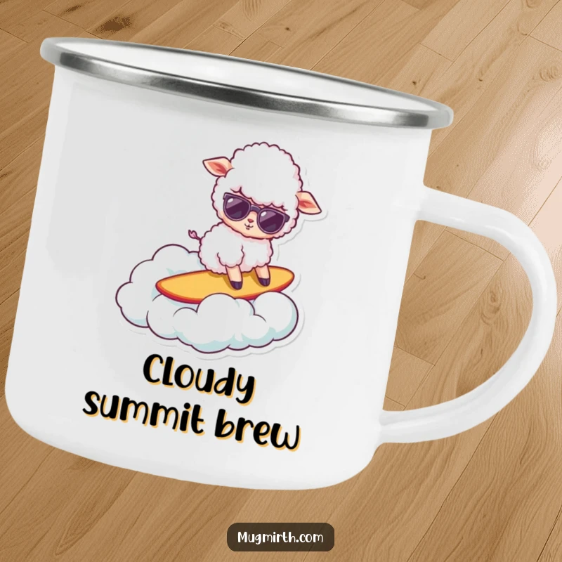 Funny sheep camping mug, a cool sheep in sunglasses surfing on a cloud, perfect for outdoor enthusiasts.