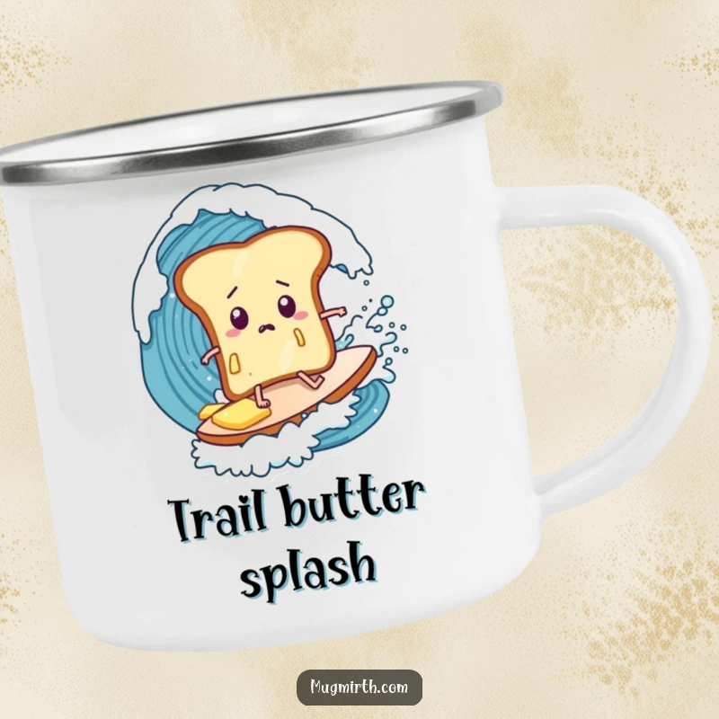 Funny toast camping mug, butter dripping, bewildered face, surfing a huge wave, a humorous and rugged outdoor mug.