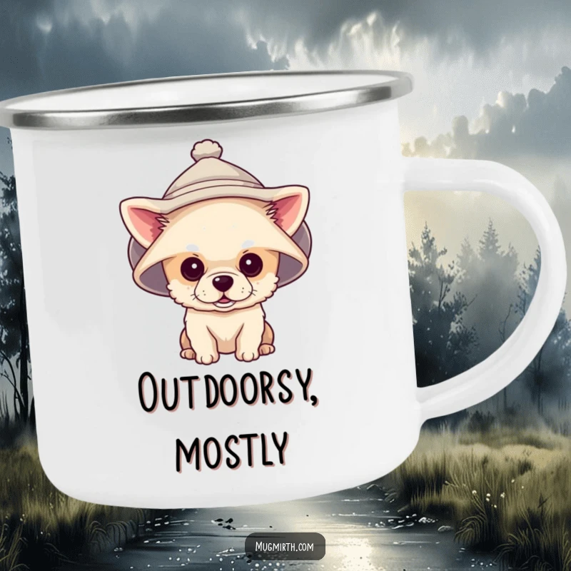 Funny camping mug illustrating a tiny dog wearing a giant hat that covers its eyes, designed for outdoor fun.