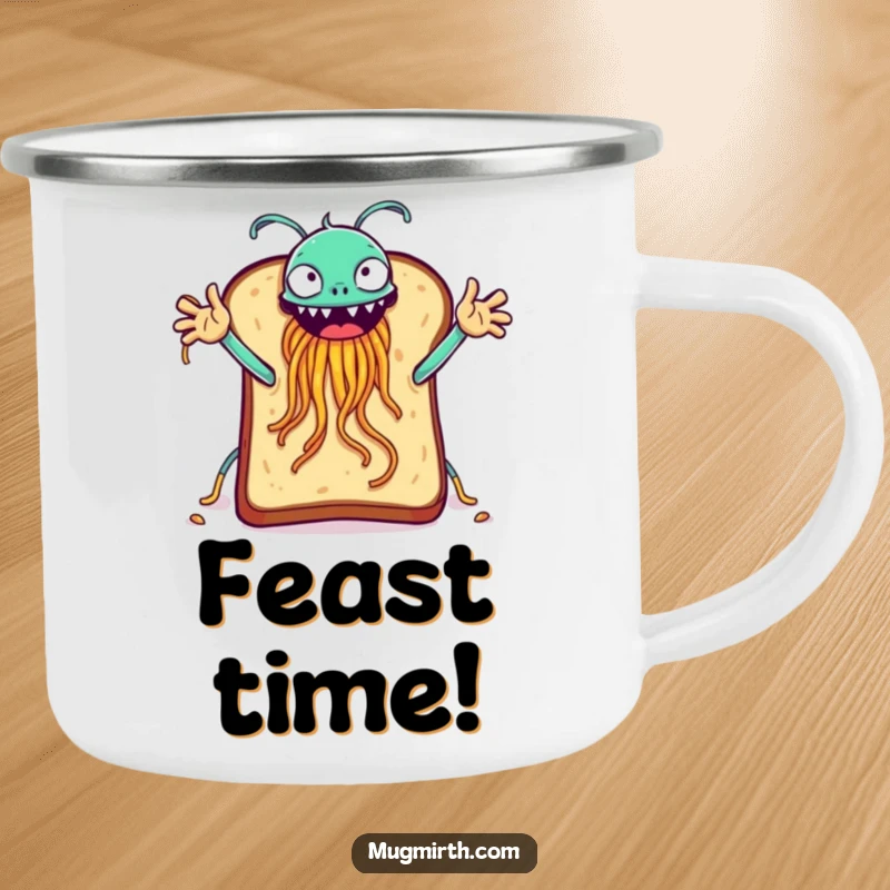 Funny toast attempting a high-five with the Flying Spaghetti Monster, a humorous camping mug.