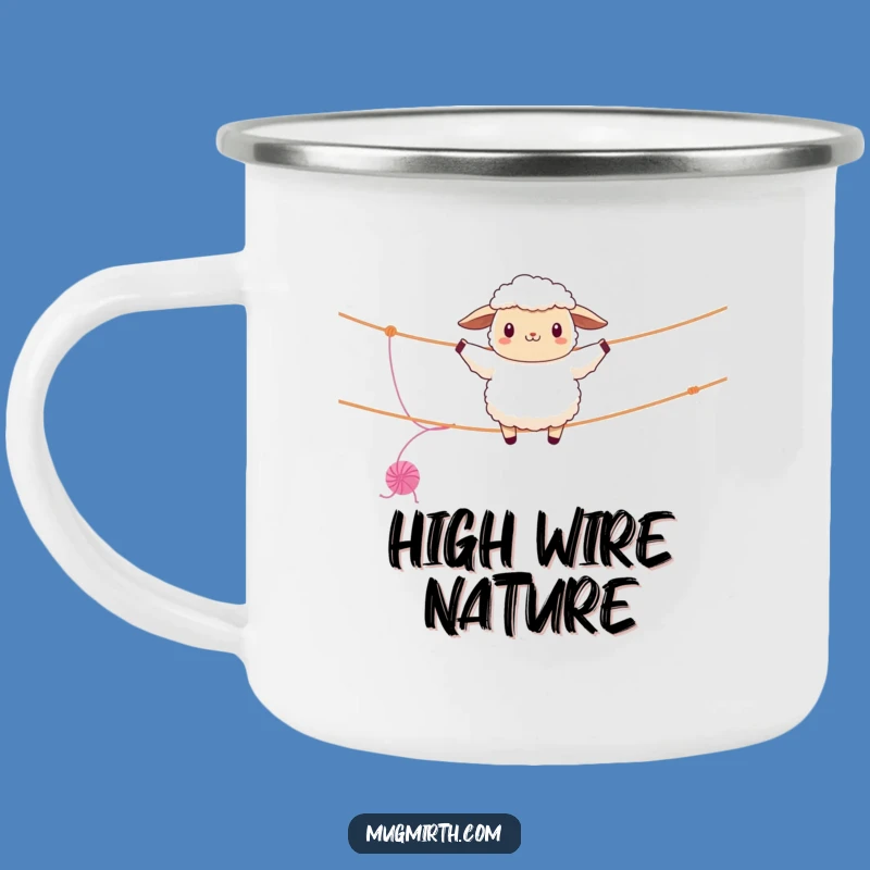 Funny Sheep Tightrope Camp Mug: Hilarious Woolly Acrobatics Outdoors