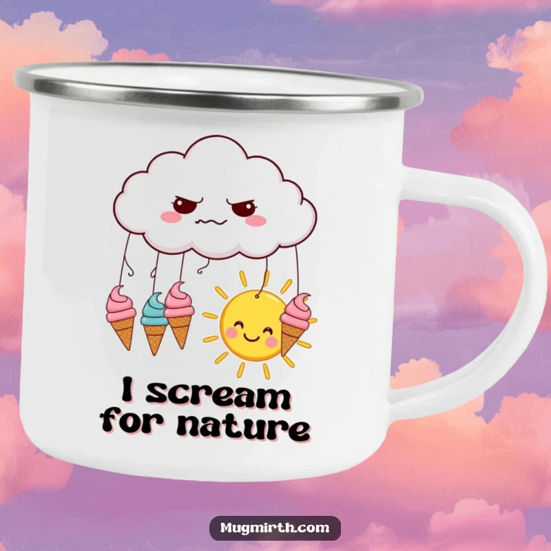 Funny camping mug: a grumpy cloud rains ice cream cones onto a happy sun, perfect for outdoor treats.