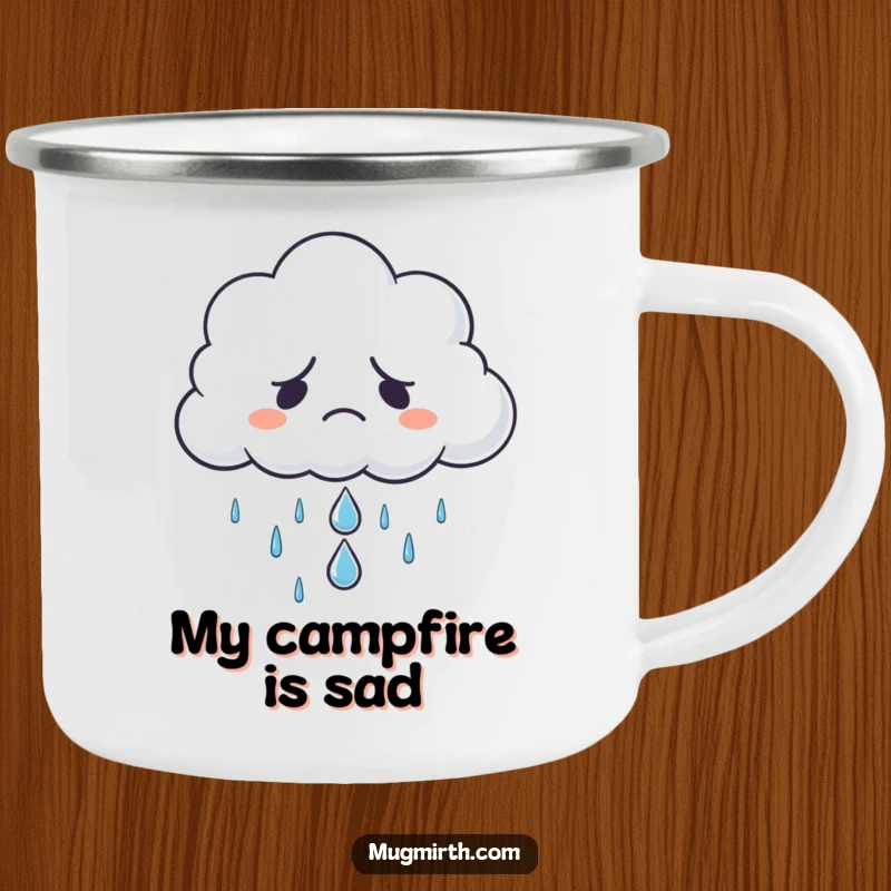 Funny grumpy cloud refusing to rain, offering a sad raindrop, on an enamel camping mug, bringing moody humor, a funny gift.
