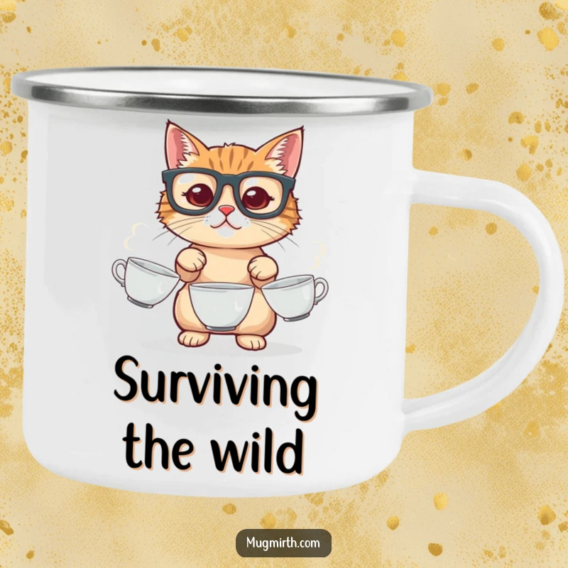 Funny cat camping mug, wearing glasses, juggling three teacups, a humorous and durable mug for outdoor adventures.