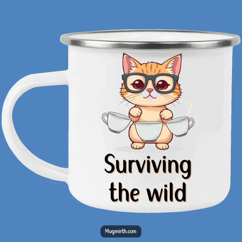 Funny Cat Juggling Camp Mug: Hilarious Feline Acrobatics Outdoors