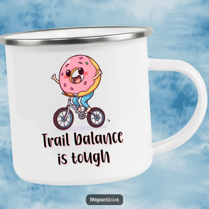 Funny donut camping mug, a sweet character wobbling on a unicycle, perfect for outdoor adventures.