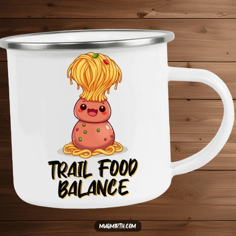 Funny Camping Mug: A spaghetti noodle in a headstand, humorously balanced on a meatball in the great outdoors.