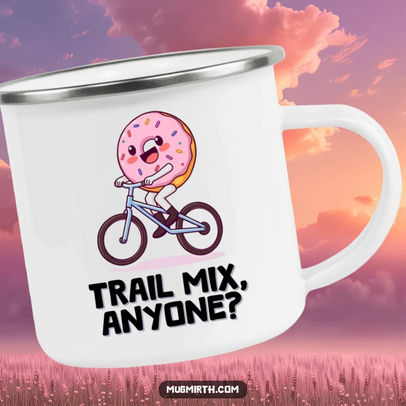 Funny donut camping mug, a donut character wobbling on a unicycle, ready for outdoor sweetness and adventures.