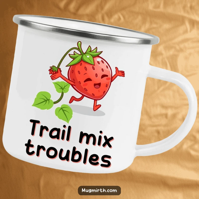 Funny tripping strawberry camping mug with arms and legs tripping over vine. Durable and humorous outdoor drinkware.