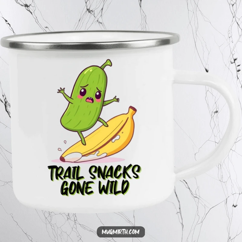 Funny camping mug showing a startled pickle humorously surfing a runaway banana peel, great for outdoor coffee breaks.