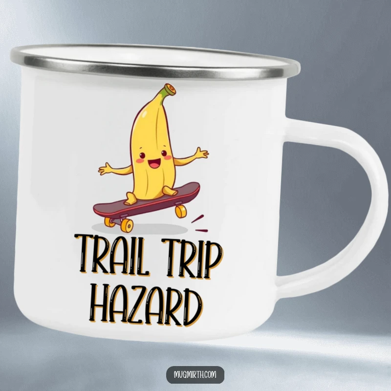 Funny banana peel camping mug, a grinning peel poised to trip a skateboard, perfect for outdoor enthusiasts.
