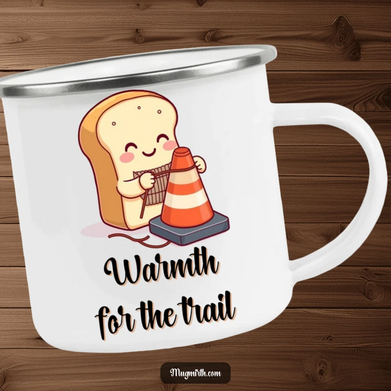 Funny smiling loaf of bread knitting a sweater for a traffic cone on a sturdy camping mug, a humorous and portable quirky gift.