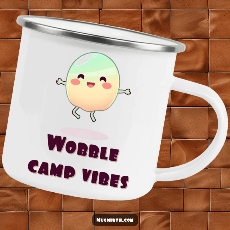 Funny Jelly Camping Mug: A jelly blob heroically attempts jump rope in the great outdoors, bringing humor to camping.