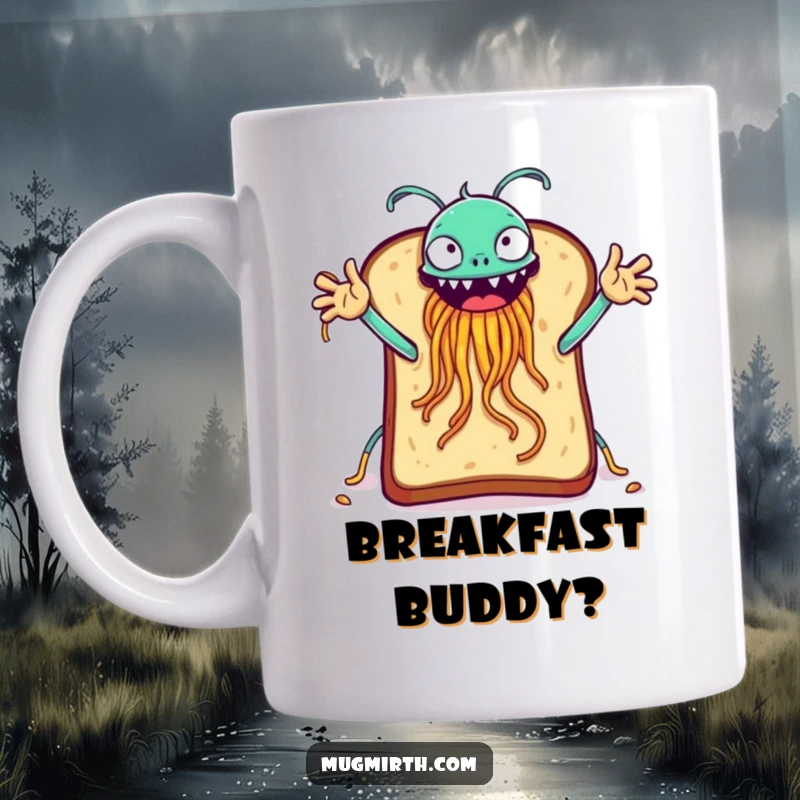 Funny slice of toast with arms outstretched attempting to high-five a Flying Spaghetti Monster, absurd humor on a mug.