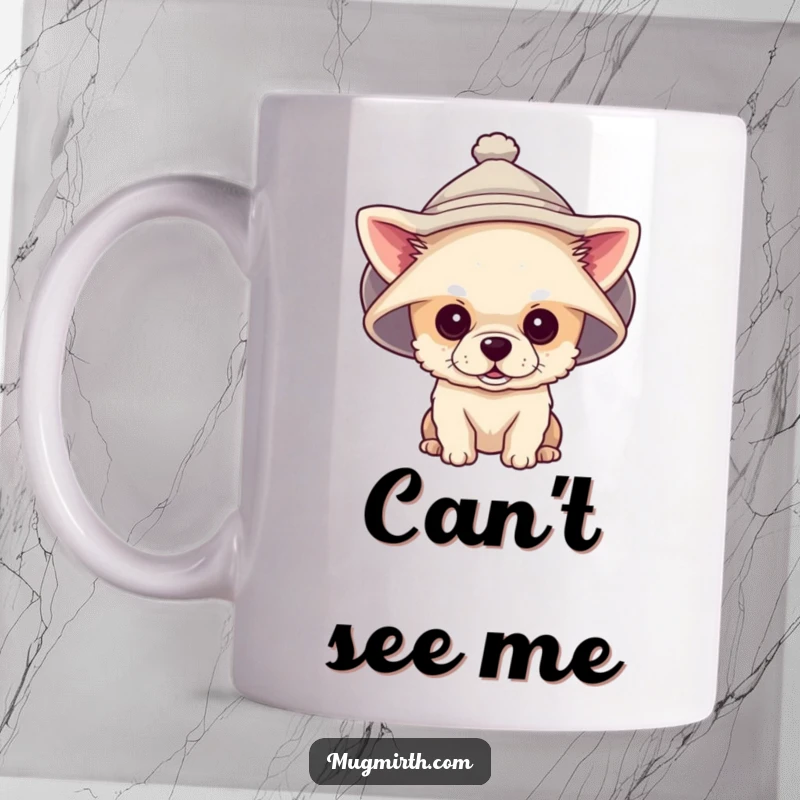 Funny mug showing a tiny dog completely hidden under a giant hat, peeking out comically.