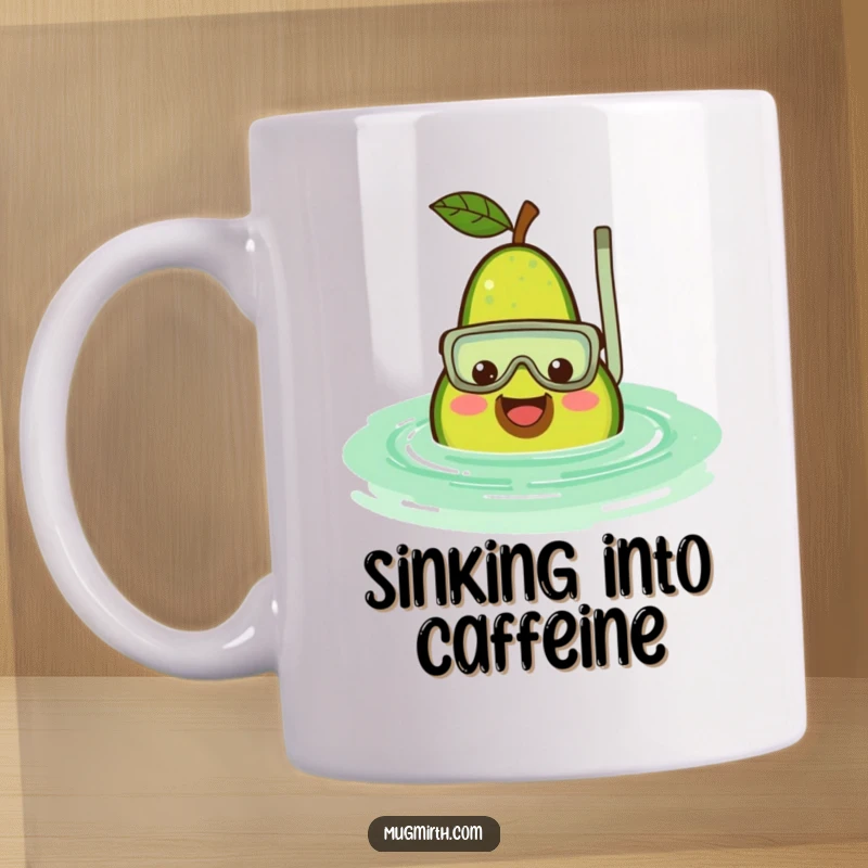Funny avocado mug showing a smiling fruit wearing a snorkel, sinking into a rippling green pool, a humorous and relatable design.