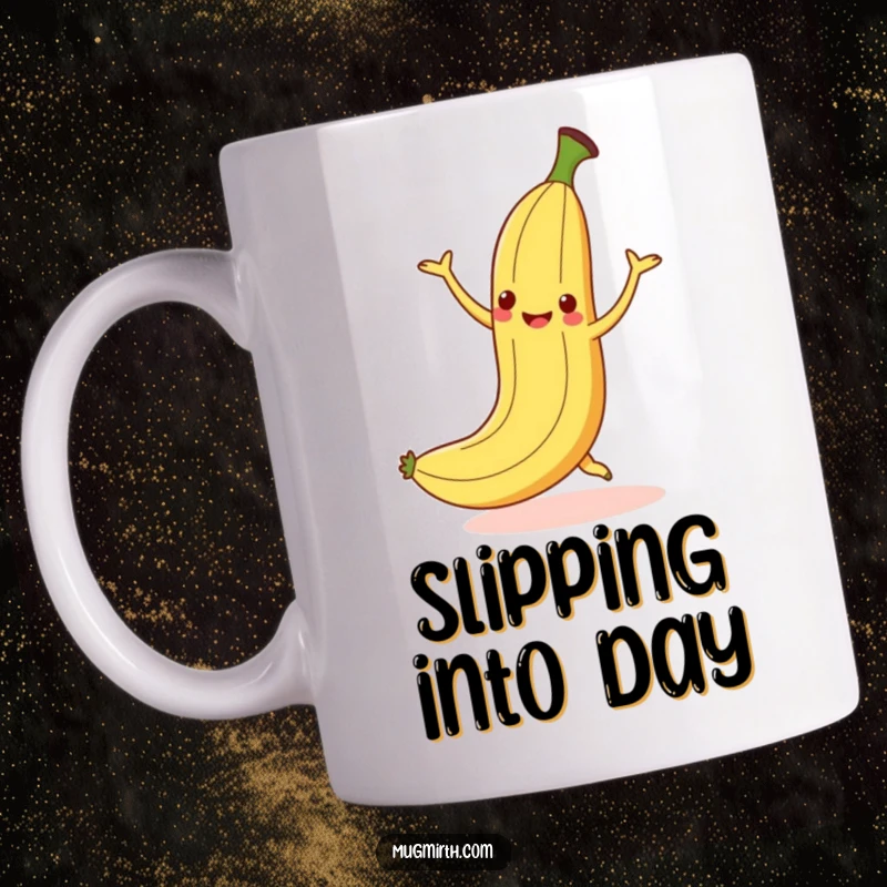 Funny dancing banana slipping on its own peel but smiling mid-fall, a humorous and resilient mug.