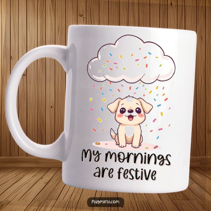 Funny happy cloud raining colorful confetti onto a surprised, tiny dog, creating a joyful, humorous scene on the mug, a great gift.