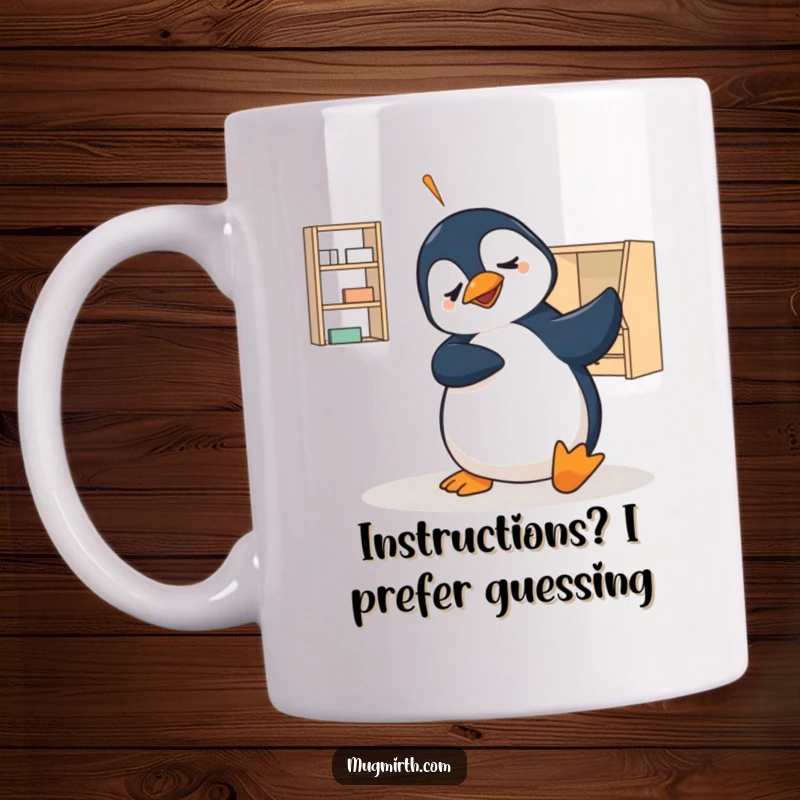 Funny penguin mug struggling comically with flat-pack furniture, arms flailing in utter confusion, a relatable DIY humor gift.