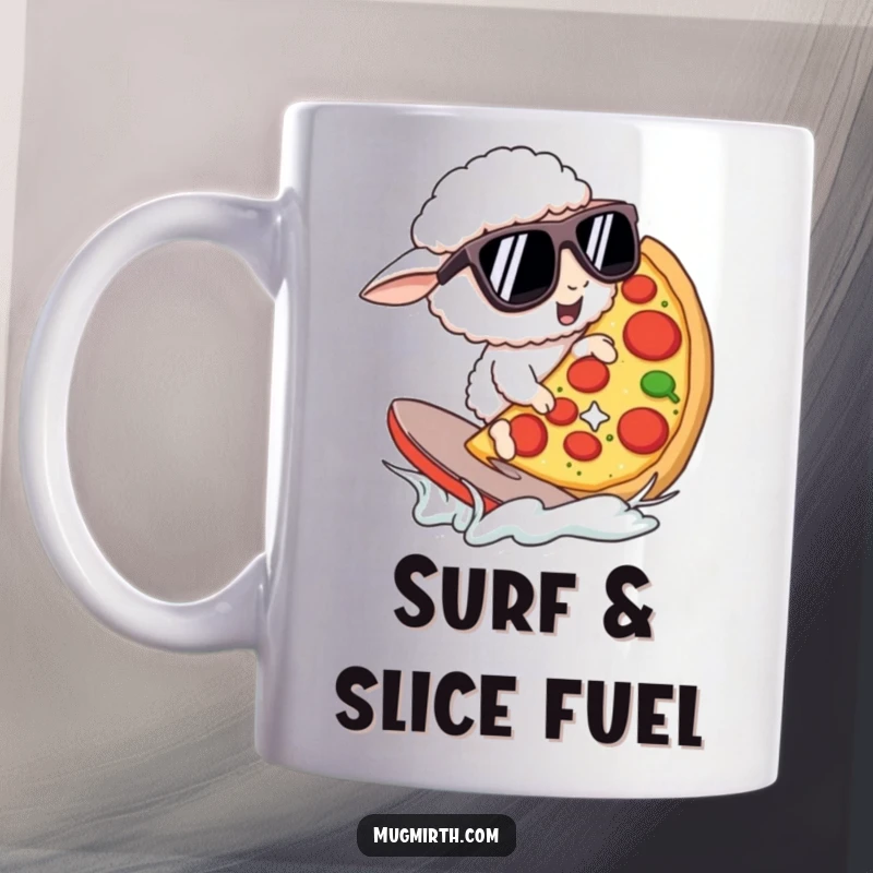 Funny Mug: A sheep wearing oversized sunglasses hilariously attempts to surf a giant slice of pizza. A wildly fun and funny gift.