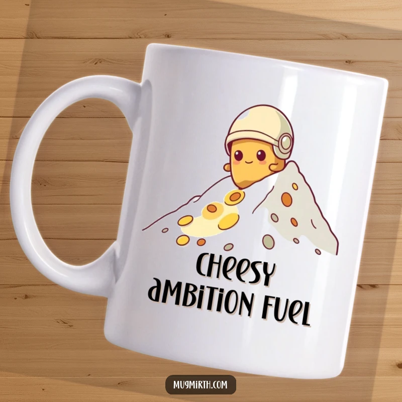 Funny potato mug, wearing a tiny helmet, determined expression, climbing a massive mountain of cheese, a comical food quest.