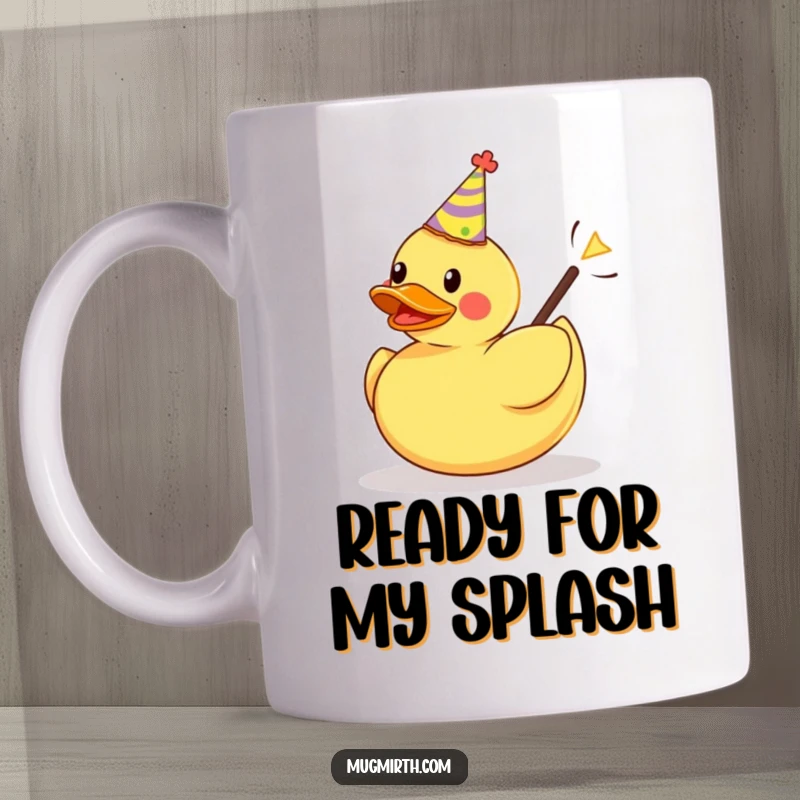 Funny mug art: a rubber duck in a party hat is launched from a slingshot, conveying playful chaos.