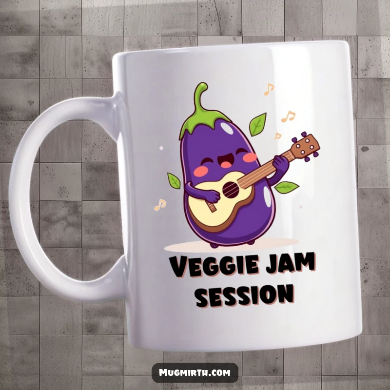 Funny Mug: A singing eggplant joyfully playing a ukulele with its leaves jiggling rhythmically.