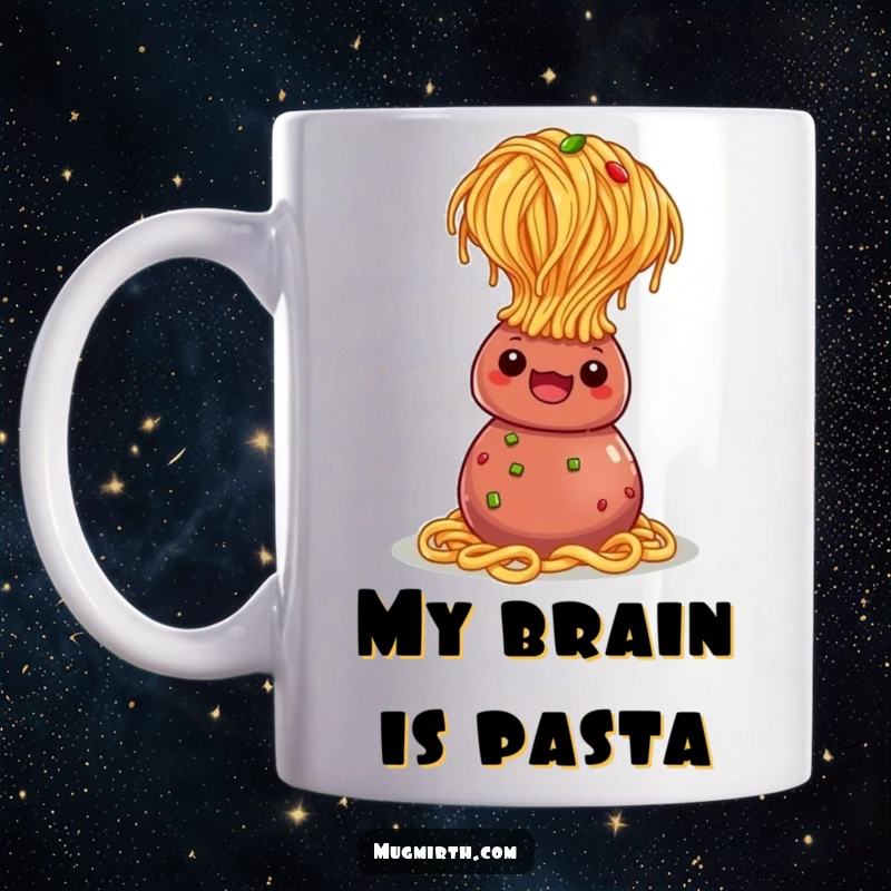 Funny Mug: A piece of spaghetti precariously balancing in a headstand atop a plump meatball.