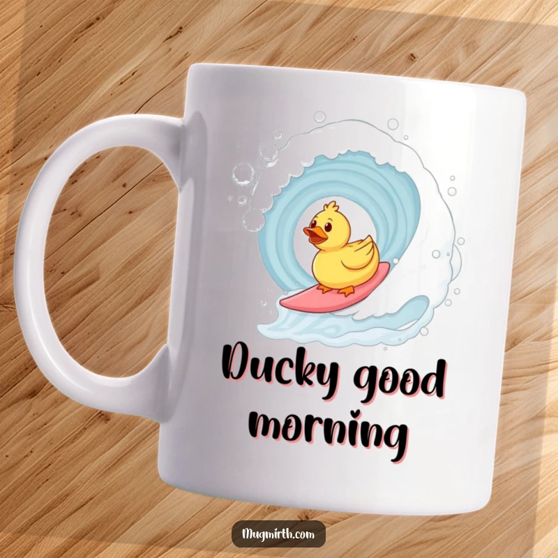 Funny surfing rubber duck mug, a duck riding bubble bath wave. Humorous gift for bath lovers and duck collectors.