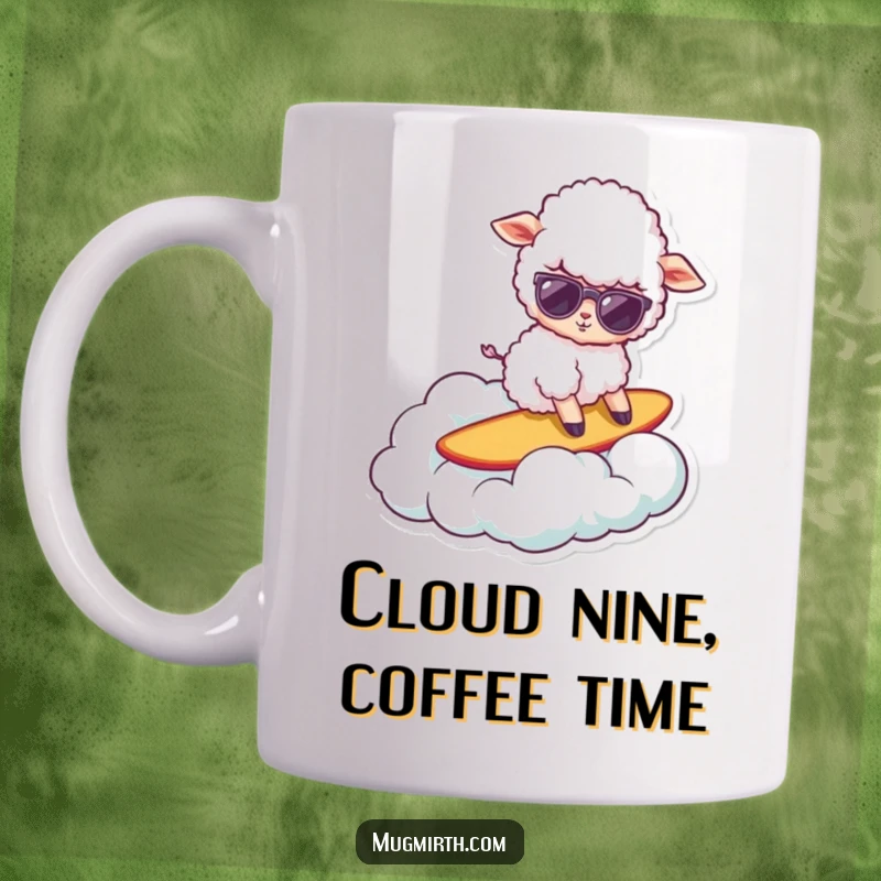 Funny fluffy sheep wearing sunglasses, hilariously attempting to surf on a cloud, embodying cool relaxation.