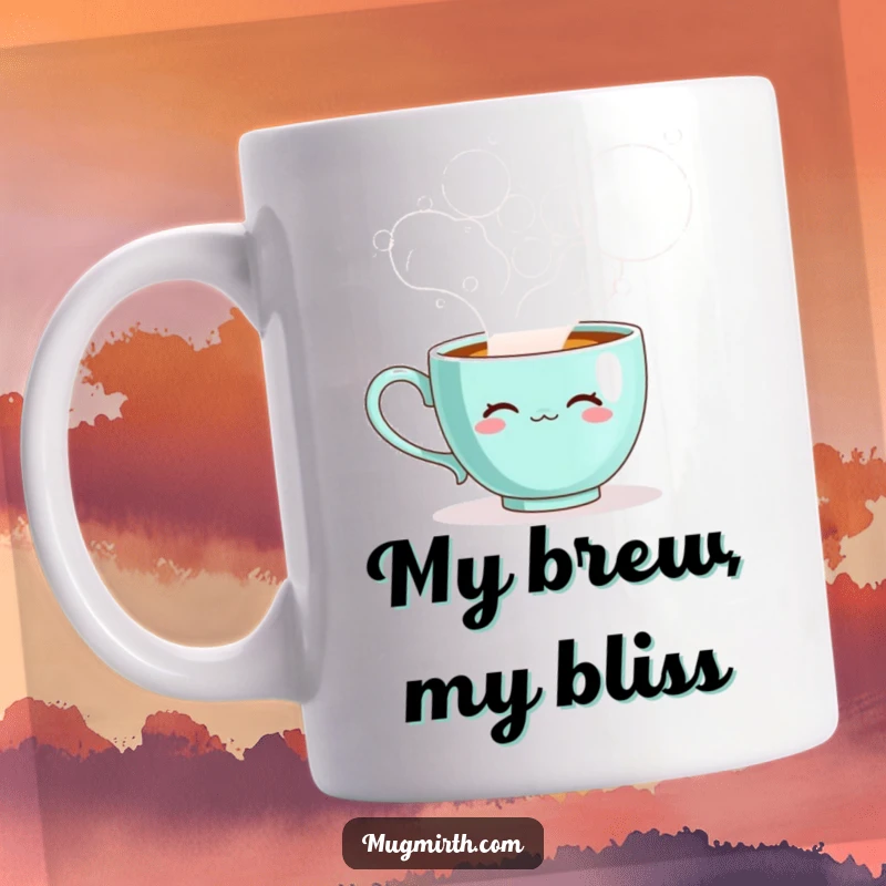 Funny sentient teacup blowing huge bubbles made from steam, creating a whimsical and delightful scene.