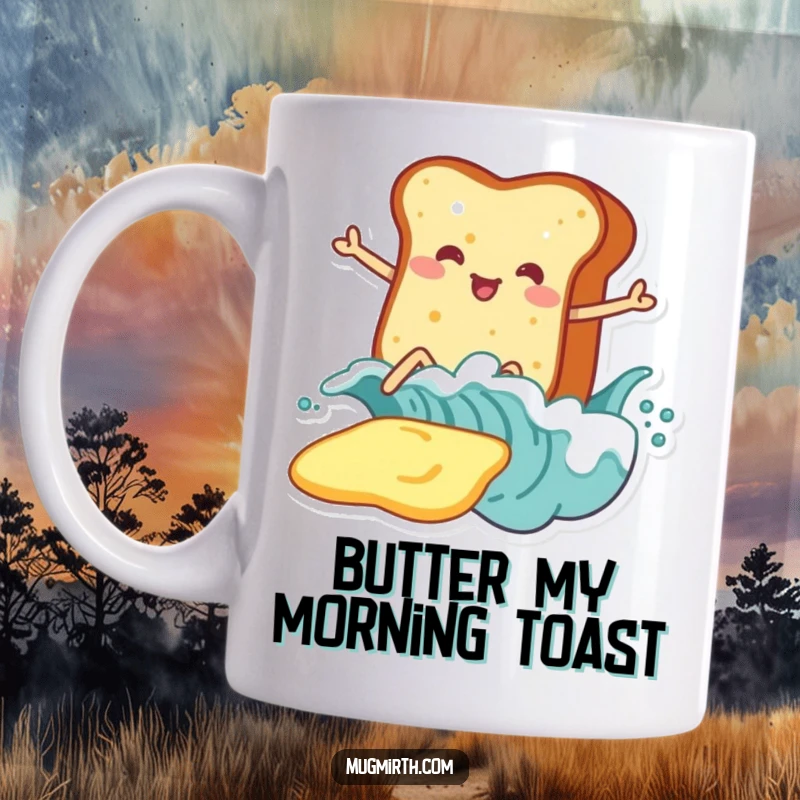 Funny Toast Mug: A piece of toast with legs enthusiastically surfs on a massive wave of butter, breakfast comedy.