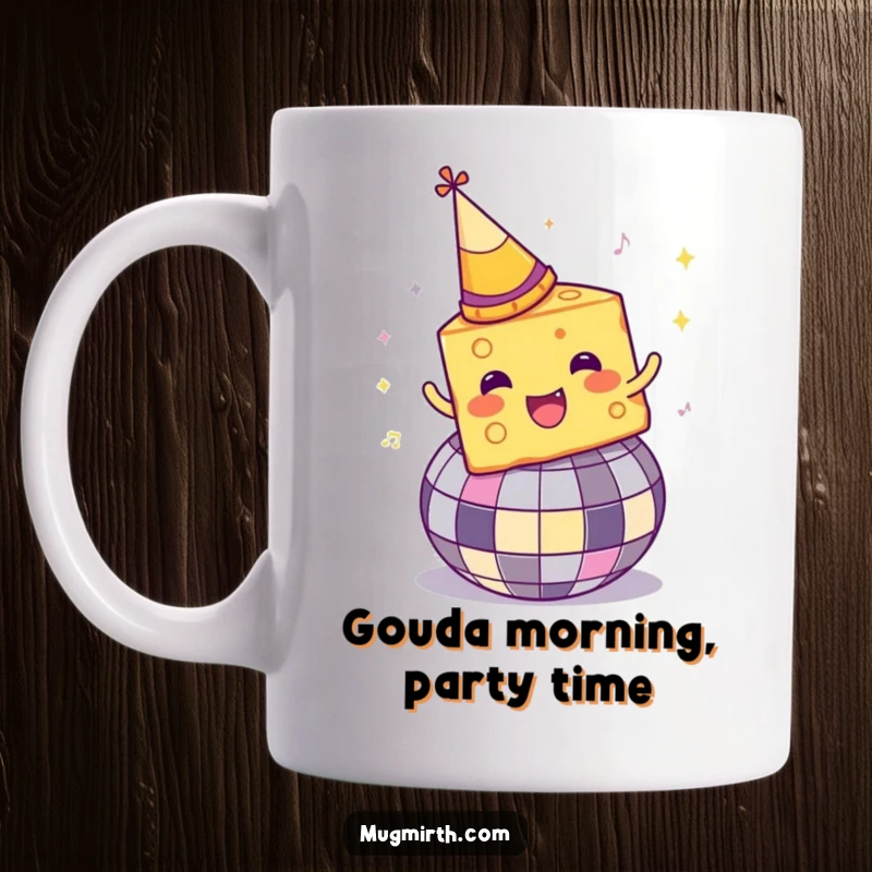 Funny Disco Cheese Mug: A piece of cheese wearing a party hat spins wildly on a disco ball, pure fun.