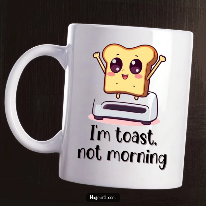 Funny mug art: a piece of toast with wide eyes leaps dramatically from a toaster, capturing breakfast excitement.