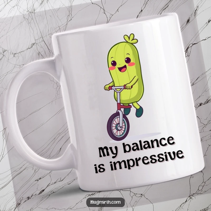Funny Mug: A smiling pickle precariously riding a unicycle with wobbling precision, on a humorous mug.