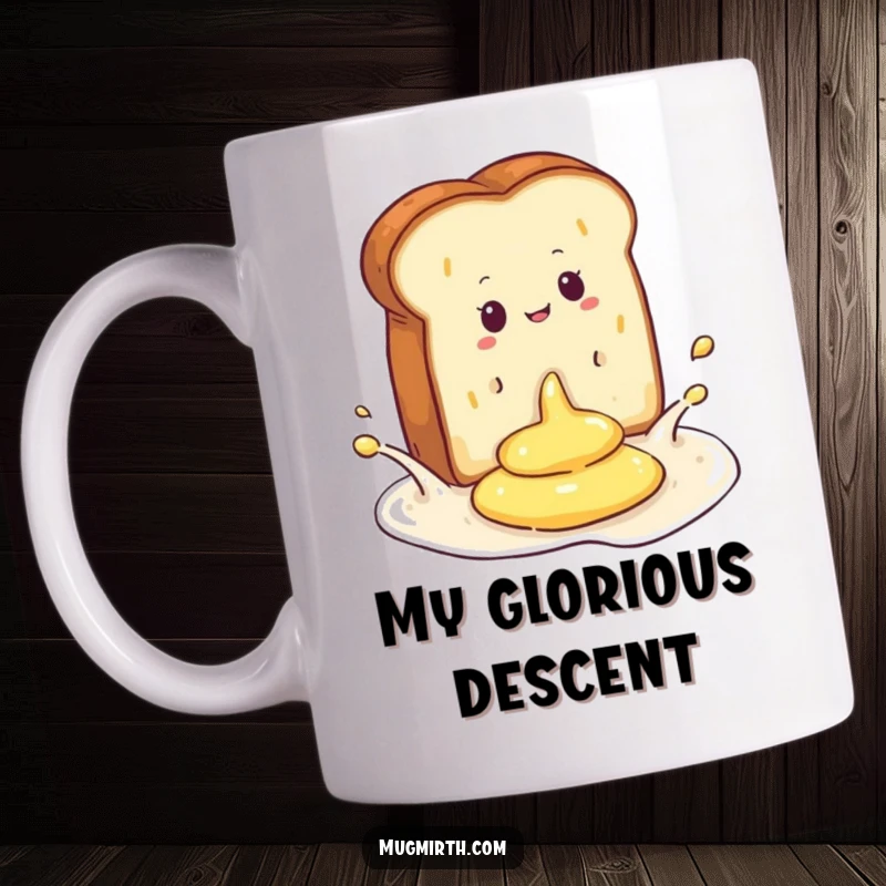 Funny mug showing a slice of toast comically falling into a pool of butter with a dramatic splash, a breakfast mishap.