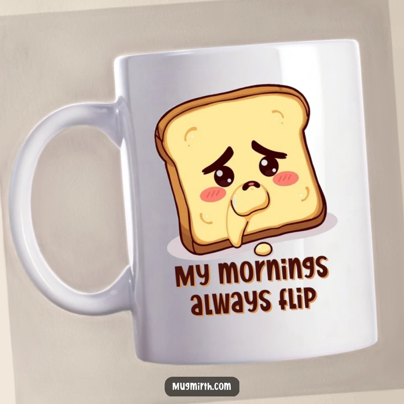 Funny mug featuring a slice of toast with a concerned expression falling butter-side down, representing breakfast mishaps.