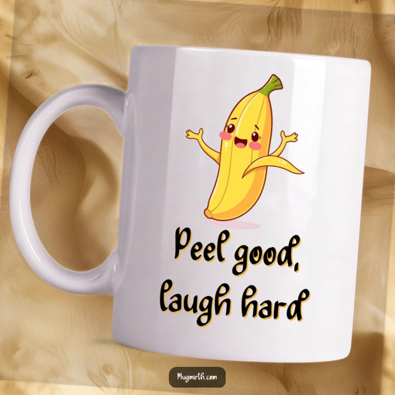 Funny Banana Slip Mug: A cheerful banana cartoonishly flails while slipping on its own peel.