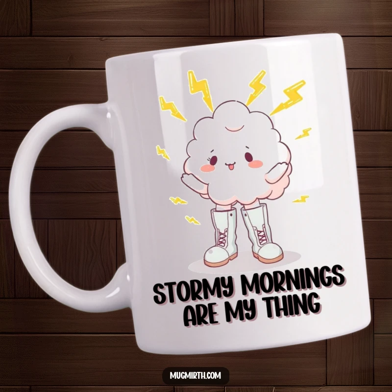 Funny mug with a cartoon cloud wearing big boots, comically juggling bright yellow lightning bolts, expressing a chaotic yet funny situation.
