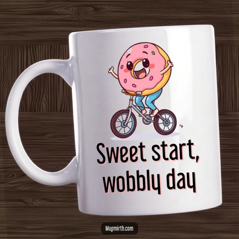 Funny donut character on a tiny unicycle wobbling precariously, full of enthusiasm and sugary charm.