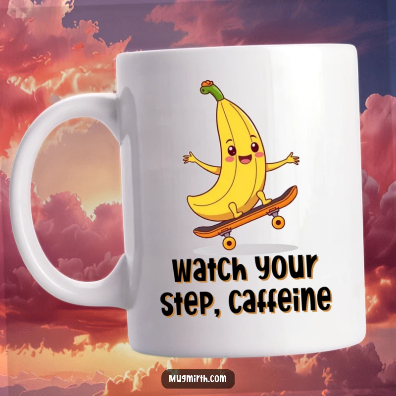 Funny banana peel mug, a smiling banana peel positioned to trip a skateboard, embodying classic slapstick humor.