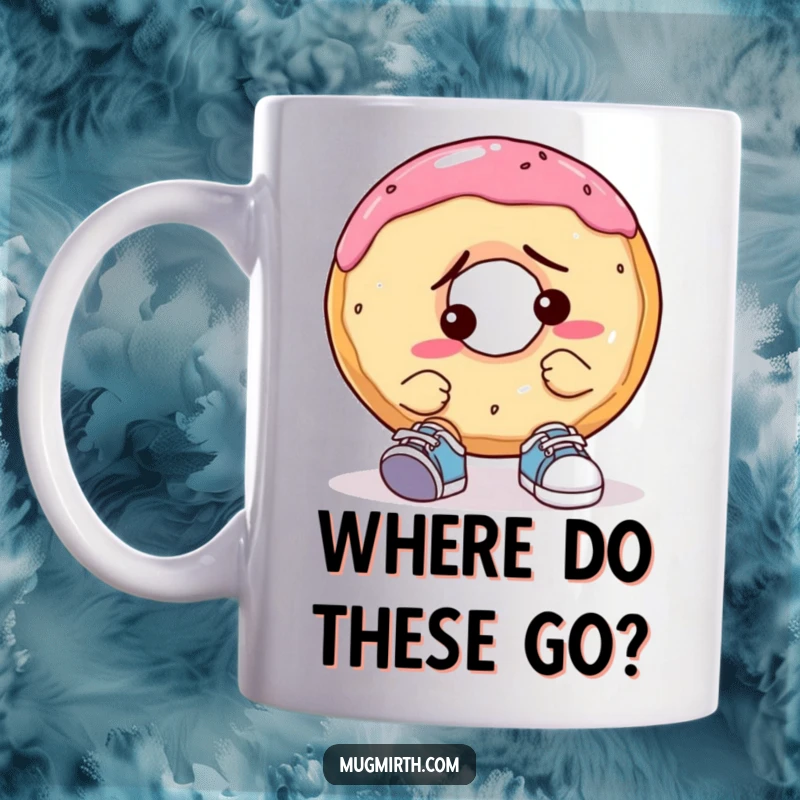 Funny Confused Donut Mug: A bewildered donut with frosting and sprinkles attempts to put on comically small shoes with a perplexed expression.