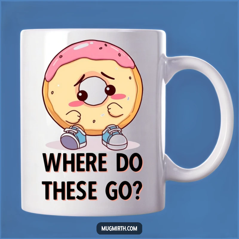Funny Confused Donut Mug: Tiny Shoe Trouble, a hilarious gift for breakfast lovers.