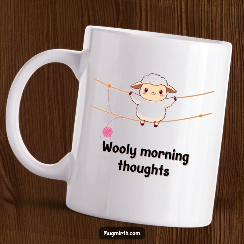 Funny sheep mug, fluffy, balancing on a clothesline tightrope, unraveling yarn, a comical and precarious woolly performance.