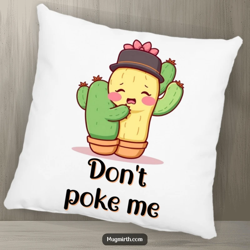 Funny shy cactus recoiling in surprise from a cactus hug, a soft and humorous pillow.