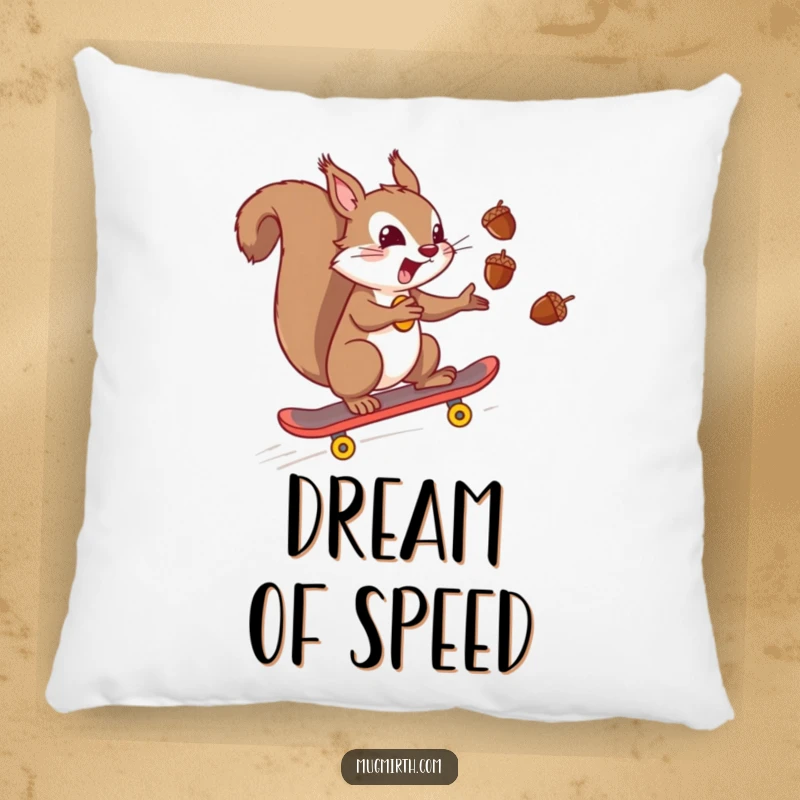 Funny mischievous squirrel juggling acorns while riding a skateboard, providing soft comfort and quirky decor. A plush and funny pillow.