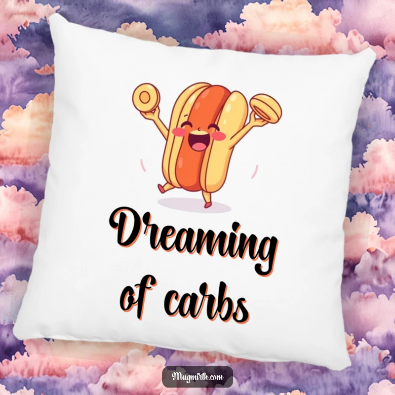 Funny Happy Hot Dog Pillow: A plush pillow depicting a joyful hot dog mid-juggle with its bun, radiating happiness and fun.