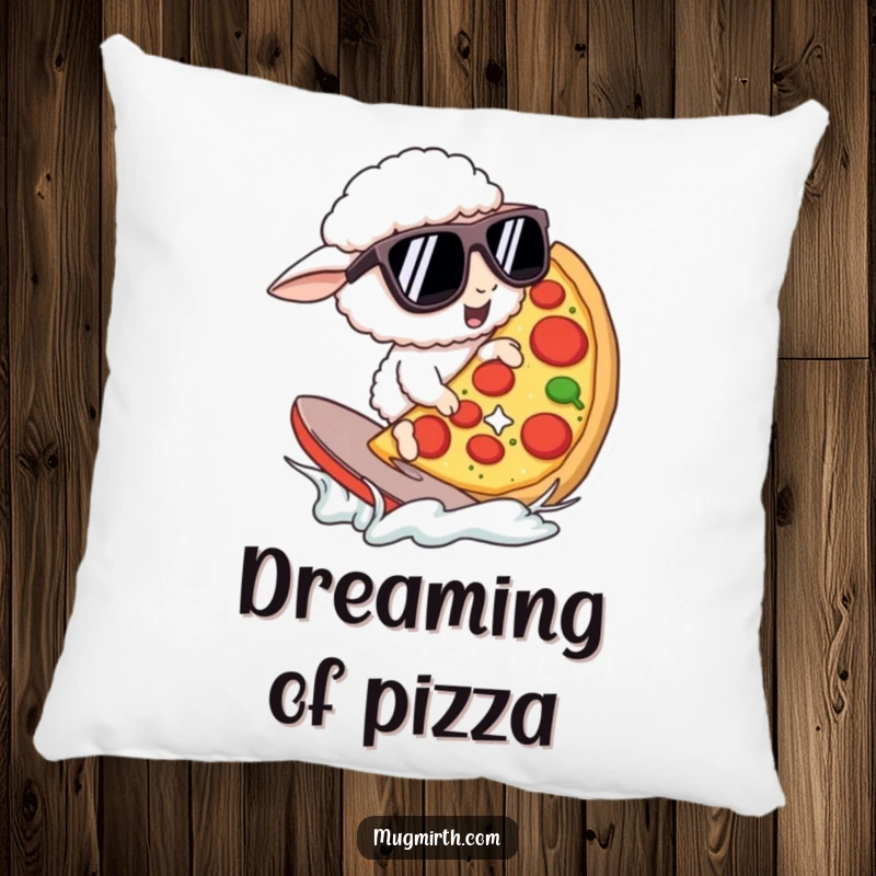 Funny Pillow: A sheep wearing oversized sunglasses surfs a giant pizza slice. A soft and funny gift.