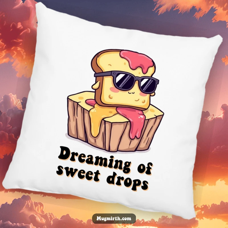 Funny pillow displaying toast with sunglasses, comically plunging into jam, offering humorous comfort and decor.